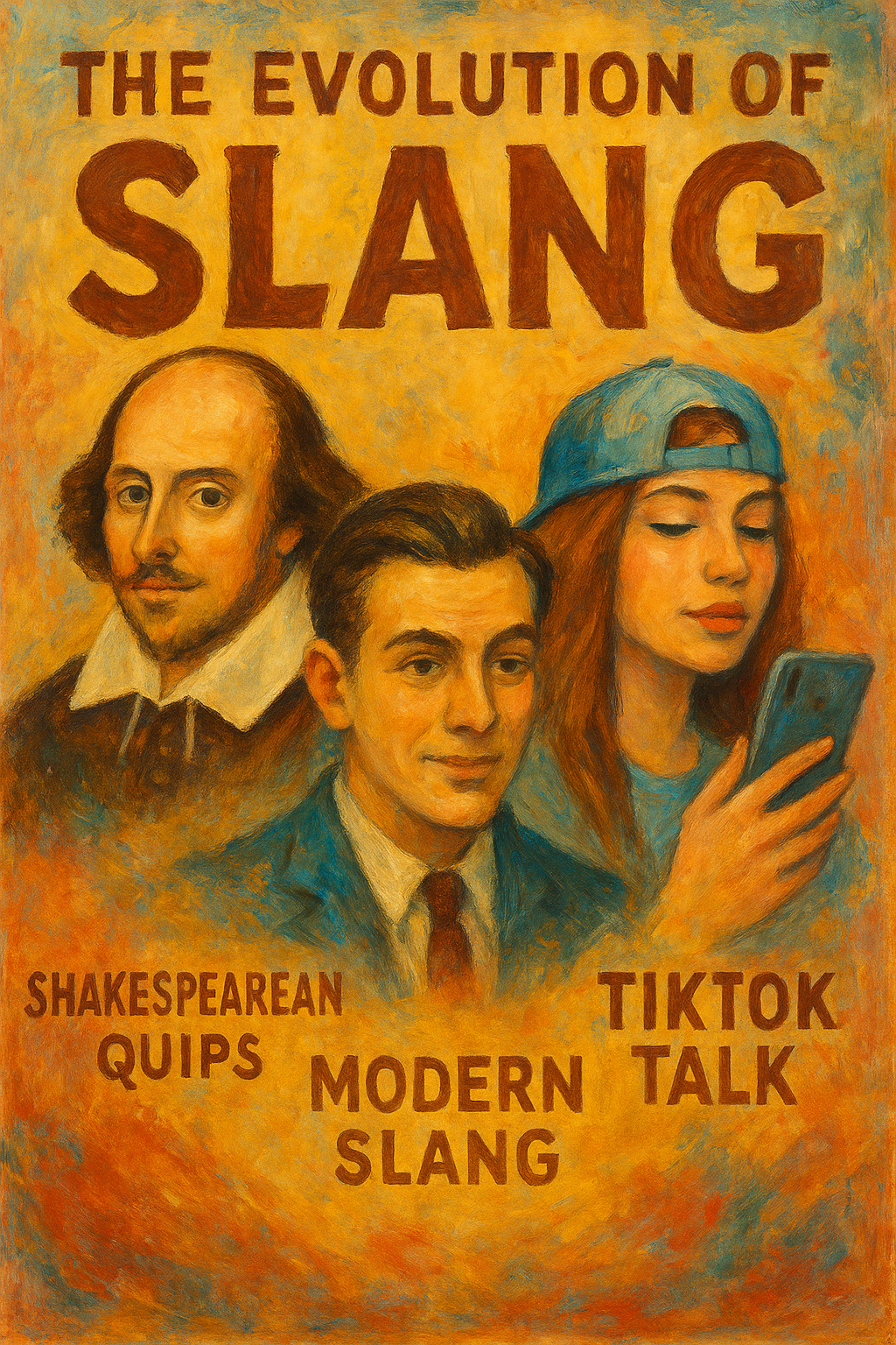 Oil painting-style illustration showing Shakespeare, a young man in a suit, and a modern girl with a phone, symbolizing the evolution of slang from Shakespearean times to modern TikTok slang.