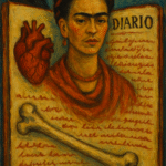 An artistic oil painting illustration of Frida Kahlo surrounded by symbolic imagery from her diary, including bones, animals, blood, and flowers, representing pain, trauma, and resilience.