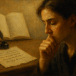 Oil painting of a reflective writer in a dimly lit study, symbolizing the power of silence and unspoken language in literature.