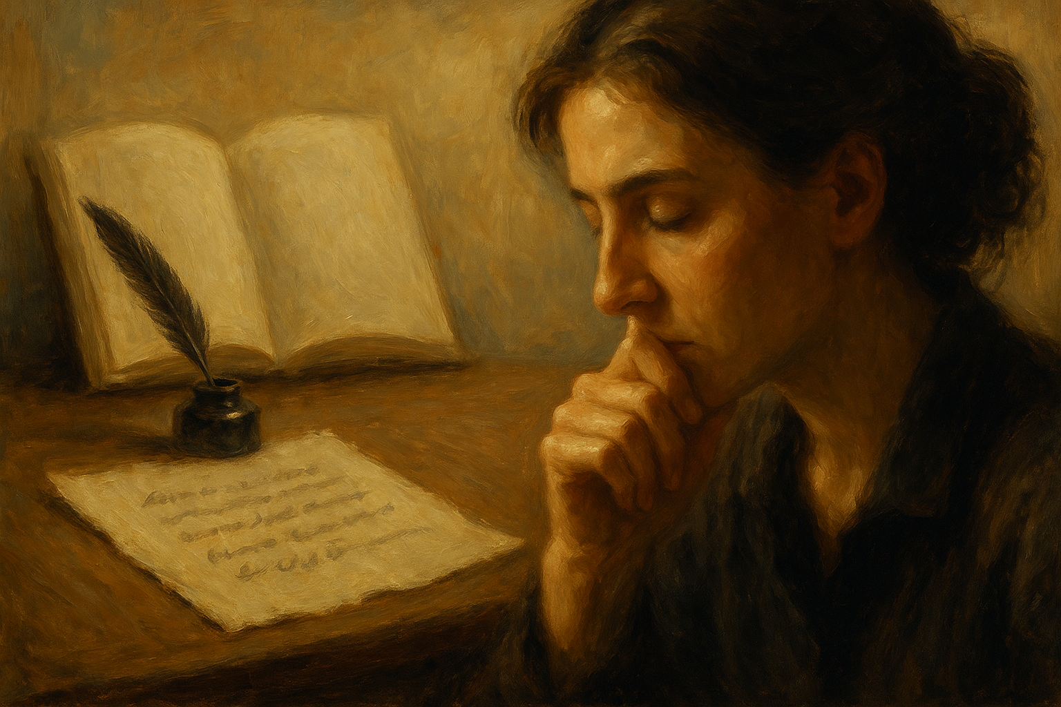 Oil painting of a reflective writer in a dimly lit study, symbolizing the power of silence and unspoken language in literature.
