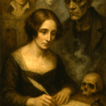Oil painting of Mary Shelley writing Frankenstein, surrounded by dark Gothic imagery symbolizing grief, loss, and creation.