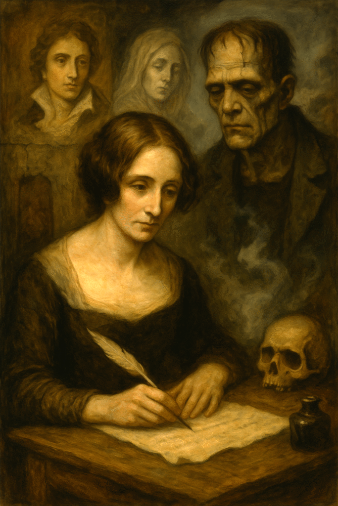 Oil painting of Mary Shelley writing Frankenstein, surrounded by dark Gothic imagery symbolizing grief, loss, and creation.