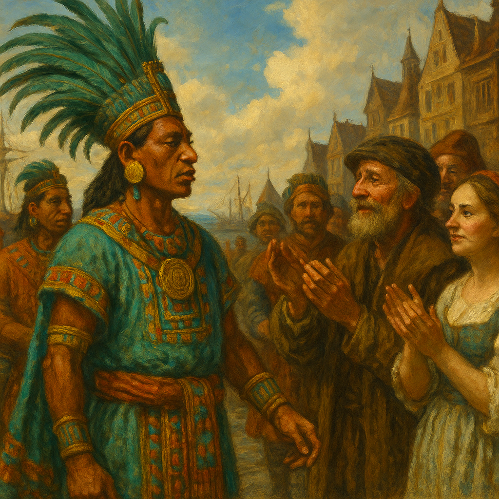 Oil painting of Mayan explorers arriving on European shores, symbolizing alternate history of early transatlantic contact.