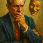 Oil painting of an older man reflecting on the morality of lying and truth.