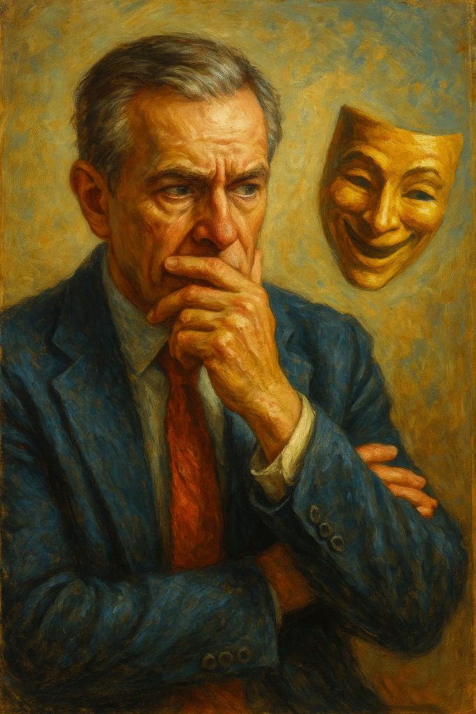 Oil painting of an older man reflecting on the morality of lying and truth.