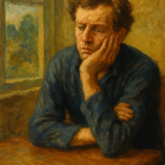 Oil painting of a man in thoughtful introspection symbolizing the philosophy of boredom and human search for meaning.