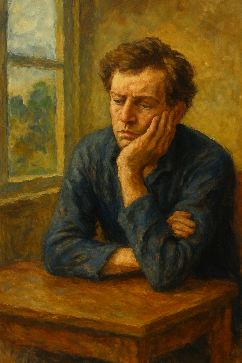 Oil painting of a man in thoughtful introspection symbolizing the philosophy of boredom and human search for meaning.