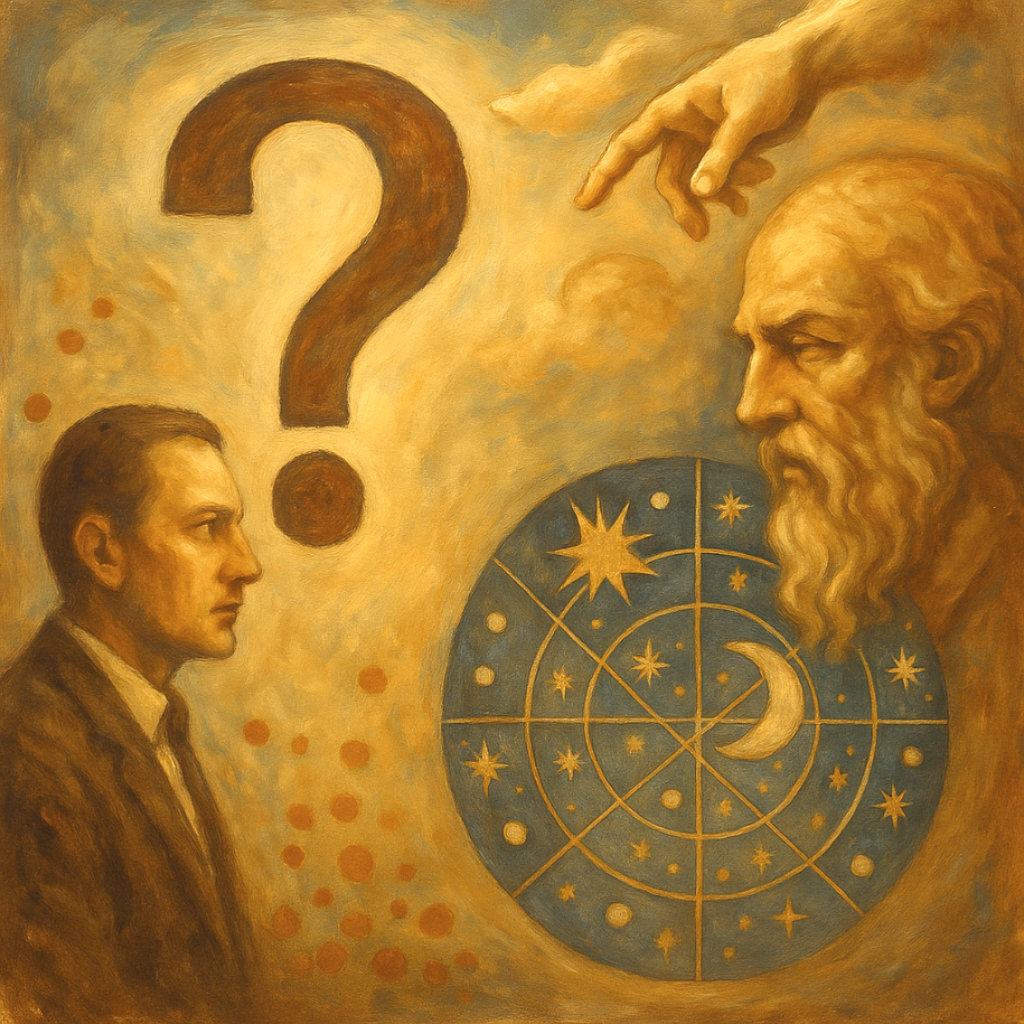 An oil painting symbolizing the philosophy of coincidence, depicting surreal imagery of fate, free will, and chance woven together in a cosmic scene.
