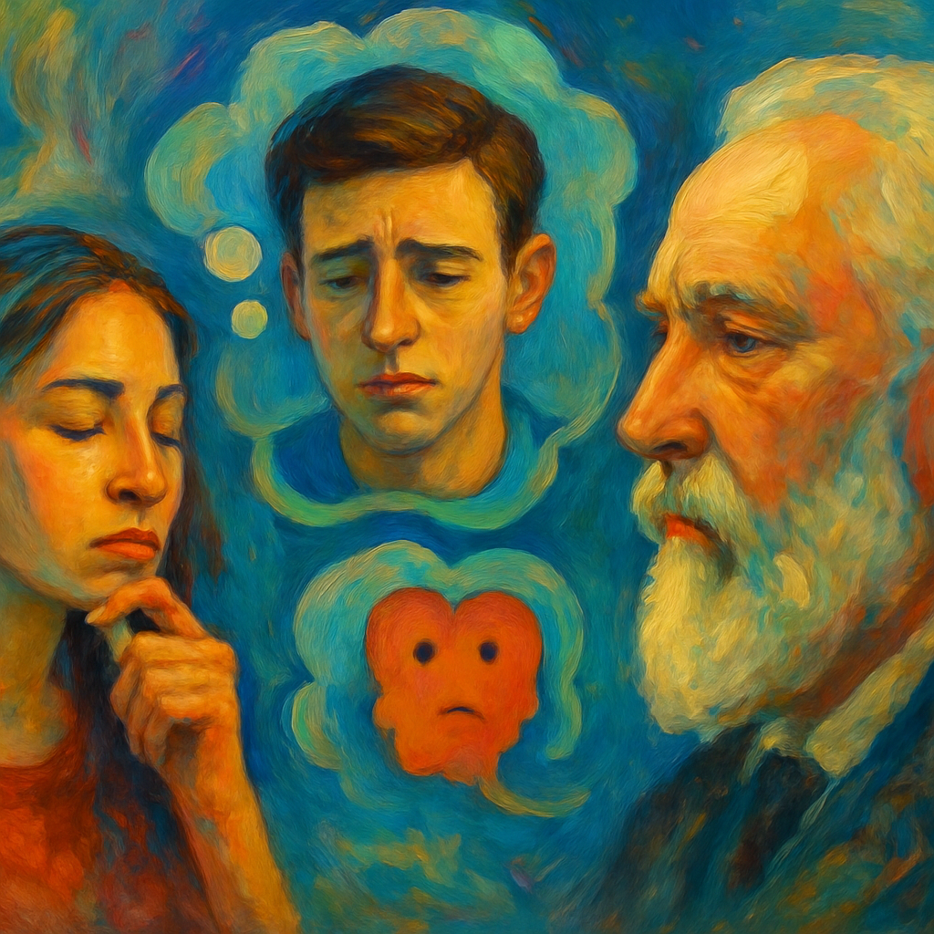 Oil painting with three human faces emerging from abstract colorful brushstrokes, symbolizing empathy, consciousness, and the philosophical problem of understanding other minds.