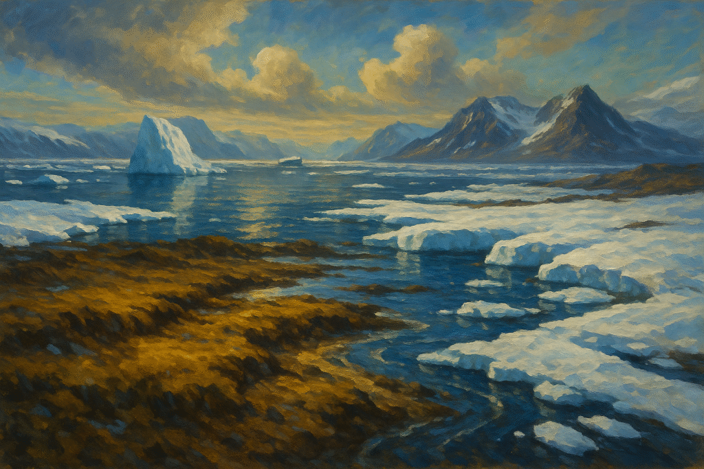 Oil painting of Arctic melting ice and new lands emerging under thawing glaciers.