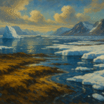 Oil painting of Arctic melting ice and new lands emerging under thawing glaciers.
