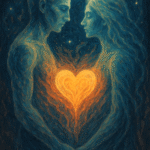 Digital painting of two ethereal figures reaching toward each other, symbolizing Twin Flames as two halves of the same soul, glowing with mystical energy.
