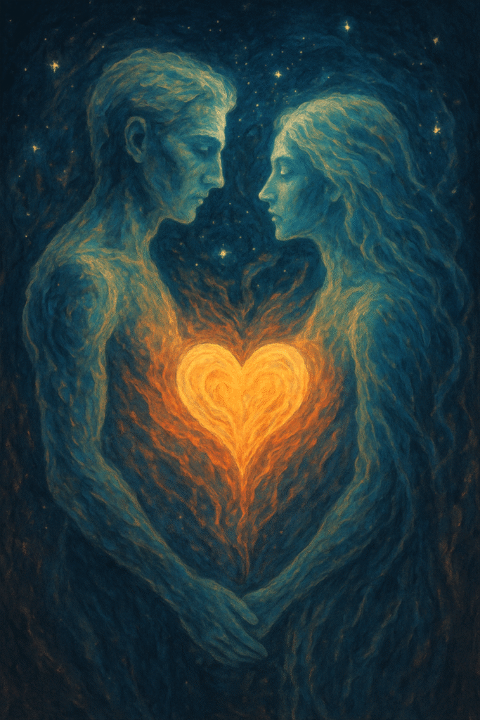 Digital painting of two ethereal figures reaching toward each other, symbolizing Twin Flames as two halves of the same soul, glowing with mystical energy.