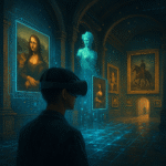 A digital artwork illustrating the concept of digital museums, featuring people exploring art collections through virtual reality and immersive technology, symbolizing the future of global art accessibility
