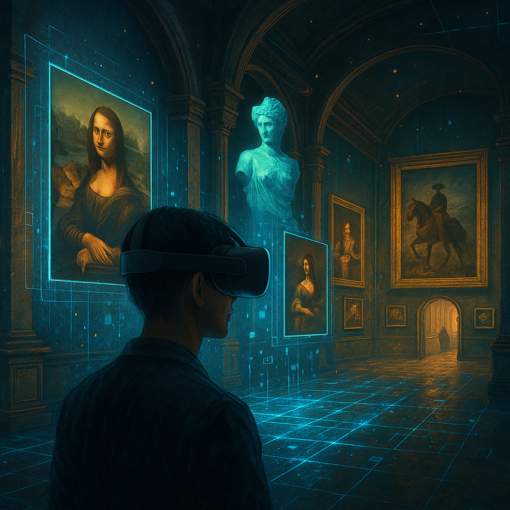 A digital artwork illustrating the concept of digital museums, featuring people exploring art collections through virtual reality and immersive technology, symbolizing the future of global art accessibility