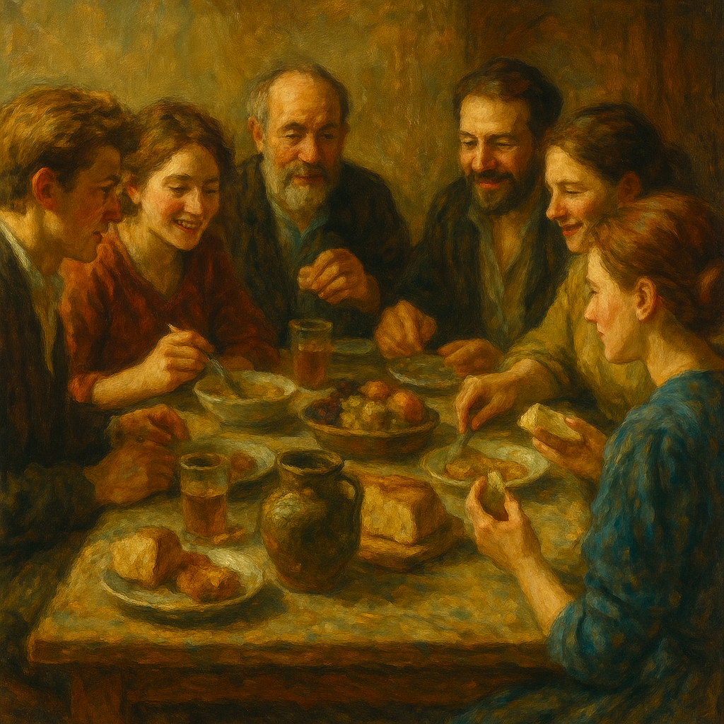 An oil painting showing a family gathered around a wooden table, sharing food and conversation, symbolizing the cultural and social significance of eating together.