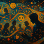Oil painting showing human silhouettes blending with symbols and emojis, symbolizing Algospeak and language evolution in social media.