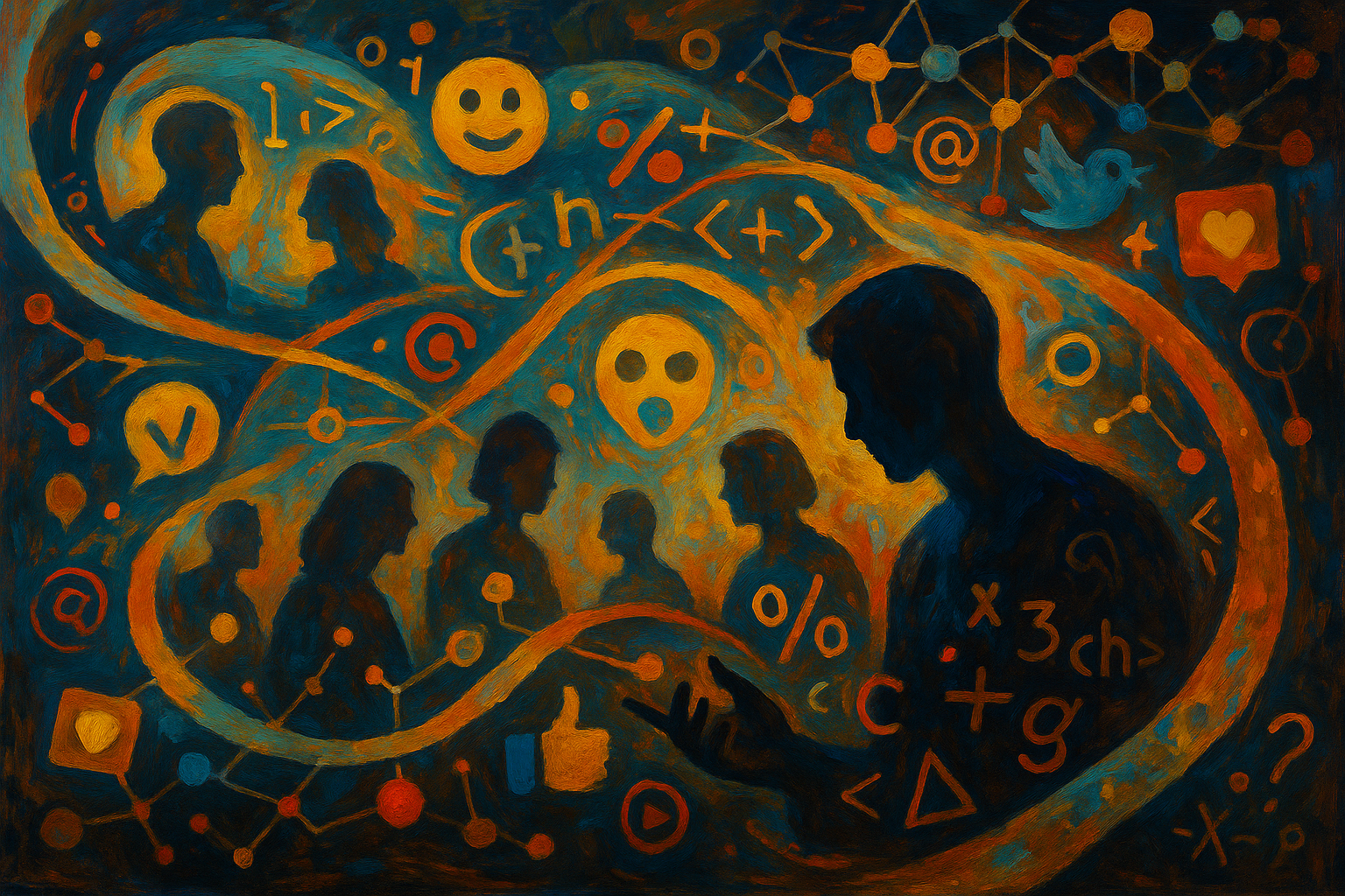 Oil painting showing human silhouettes blending with symbols and emojis, symbolizing Algospeak and language evolution in social media.