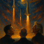 Oil painting of rockets launching into space toward a glowing planet, with three silhouettes gazing upward, representing billionaires leading the new space race.