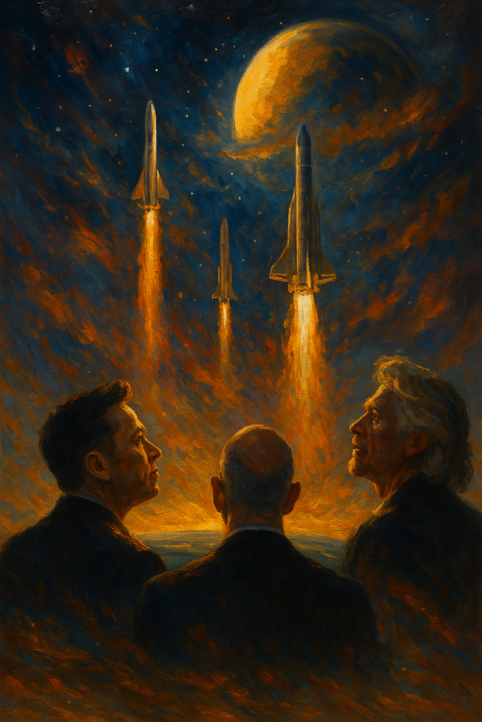 Oil painting of rockets launching into space toward a glowing planet, with three silhouettes gazing upward, representing billionaires leading the new space race.