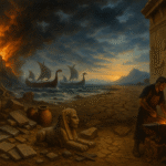 Oil painting of a collapsing Bronze Age city with burning palaces, fleeing figures, and ships, symbolizing the rapid fall of ancient civilizations.