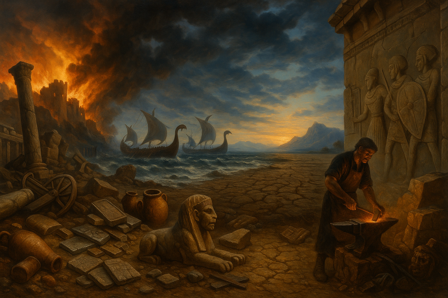 Oil painting of a collapsing Bronze Age city with burning palaces, fleeing figures, and ships, symbolizing the rapid fall of ancient civilizations.
