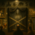 Oil painting depicting veiled figures observing a covered canvas in a dim gallery, symbolizing the censorship of art and the cultural dialogue around forbidden works.
