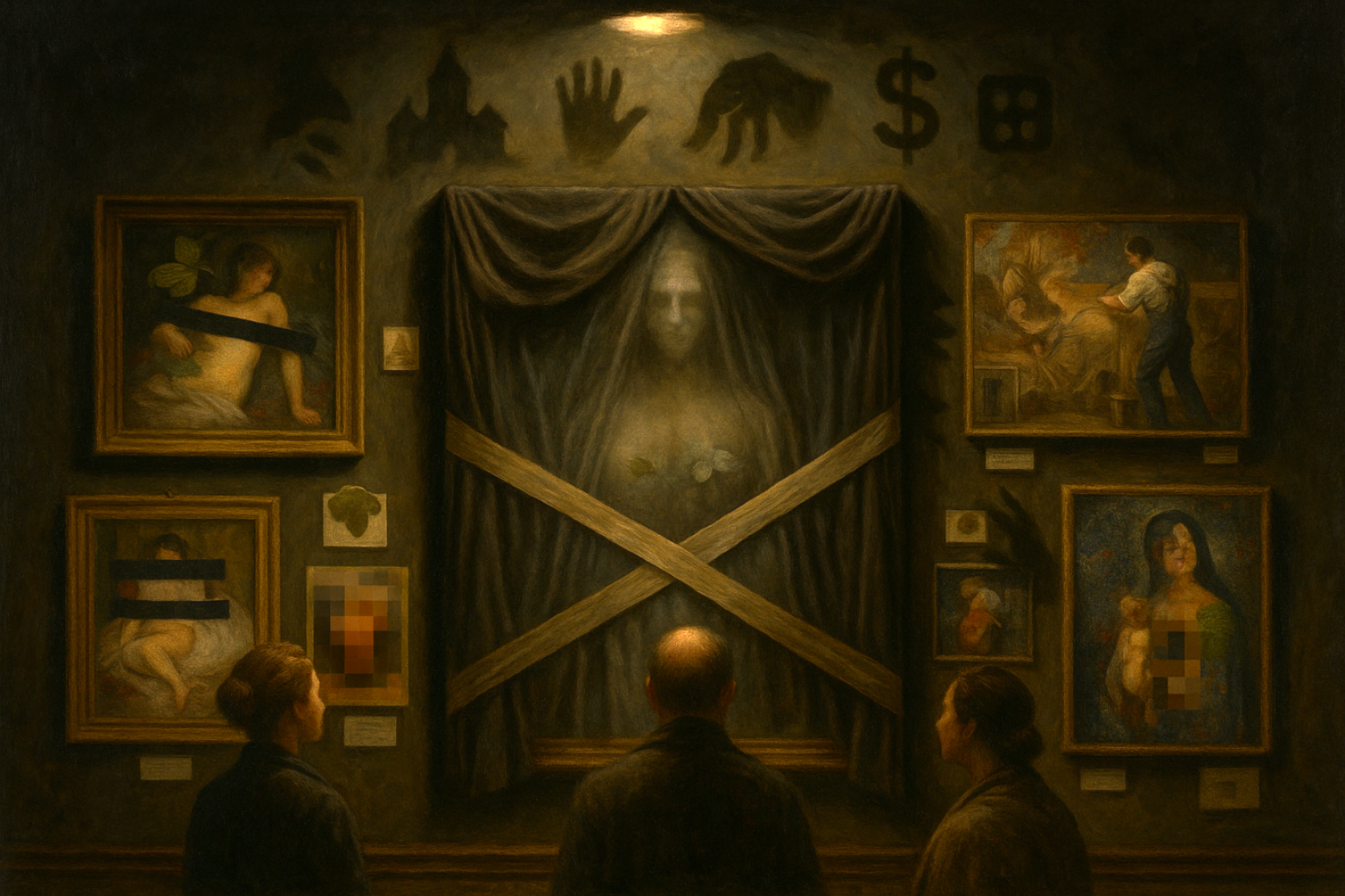 Oil painting depicting veiled figures observing a covered canvas in a dim gallery, symbolizing the censorship of art and the cultural dialogue around forbidden works.