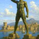 A bright and detailed oil painting of the Colossus of Rhodes towering over the ancient harbor, with bronze tones gleaming under sunlight and Greek ships sailing in calm blue waters.