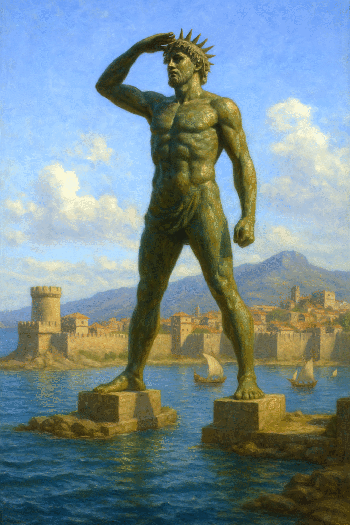 A bright and detailed oil painting of the Colossus of Rhodes towering over the ancient harbor, with bronze tones gleaming under sunlight and Greek ships sailing in calm blue waters.