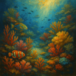 An artistic oil painting of a vibrant underwater coral reef with colorful corals, tropical fish, sea turtles, and rays illuminated by golden sunlight, symbolizing marine biodiversity and ocean conservation.