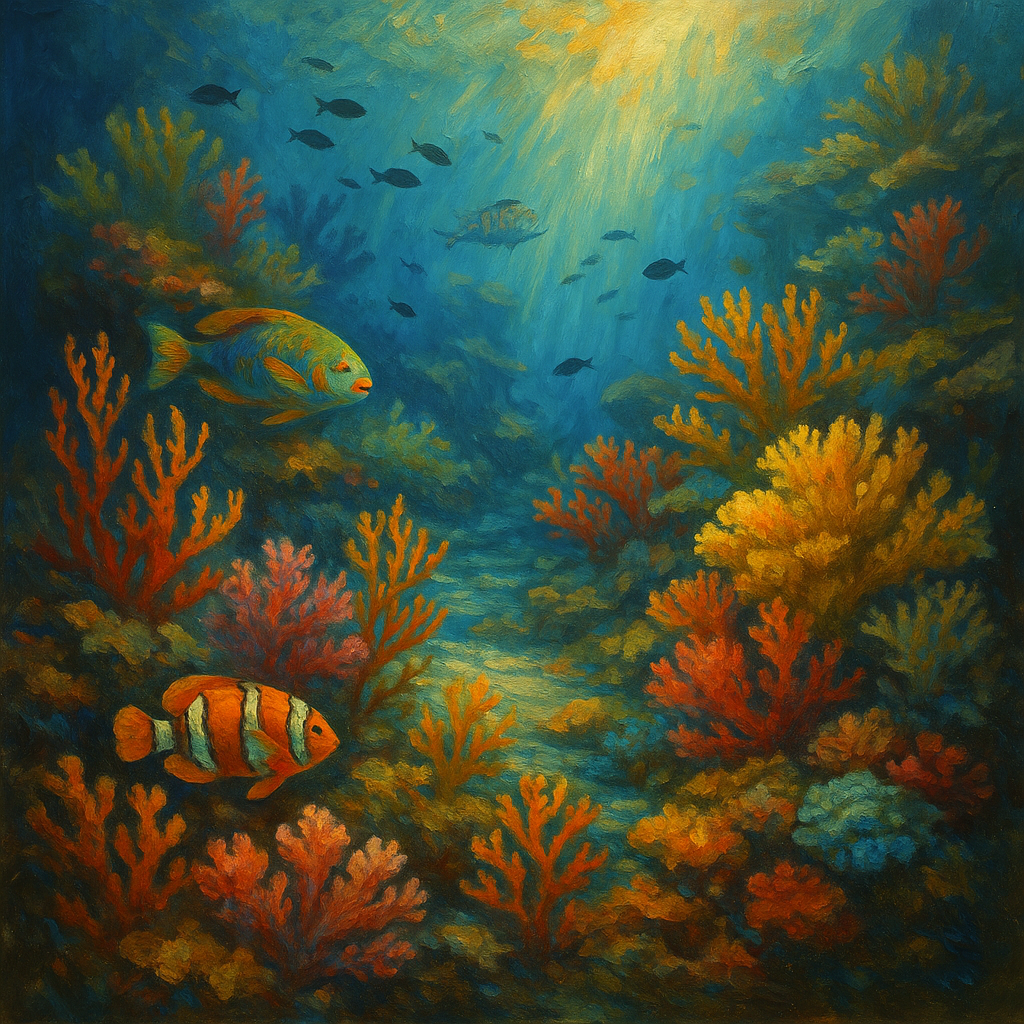 An artistic oil painting of a vibrant underwater coral reef with colorful corals, tropical fish, sea turtles, and rays illuminated by golden sunlight, symbolizing marine biodiversity and ocean conservation.