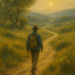 An oil painting depicting a lone traveler walking along a peaceful winding path through green hills and soft sunlight, symbolizing the journey of life, mindfulness, and personal growth.