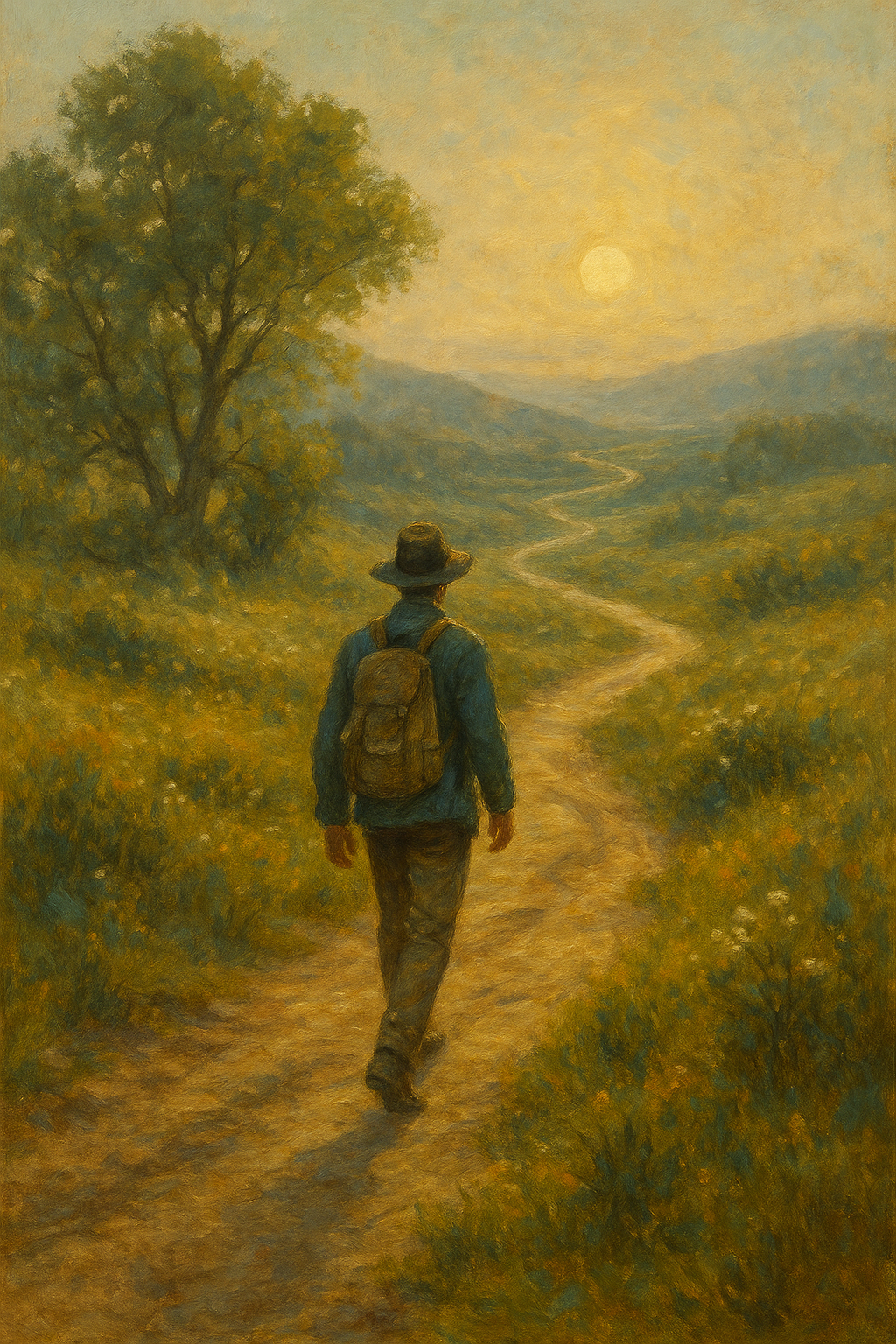 An oil painting depicting a lone traveler walking along a peaceful winding path through green hills and soft sunlight, symbolizing the journey of life, mindfulness, and personal growth.