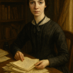 An elegant oil painting of Emily Dickinson writing poetry at her wooden desk in a softly lit 19th-century Amherst room, surrounded by scattered papers, books, and filtered sunlight — symbolizing her secrecy and creative solitude.