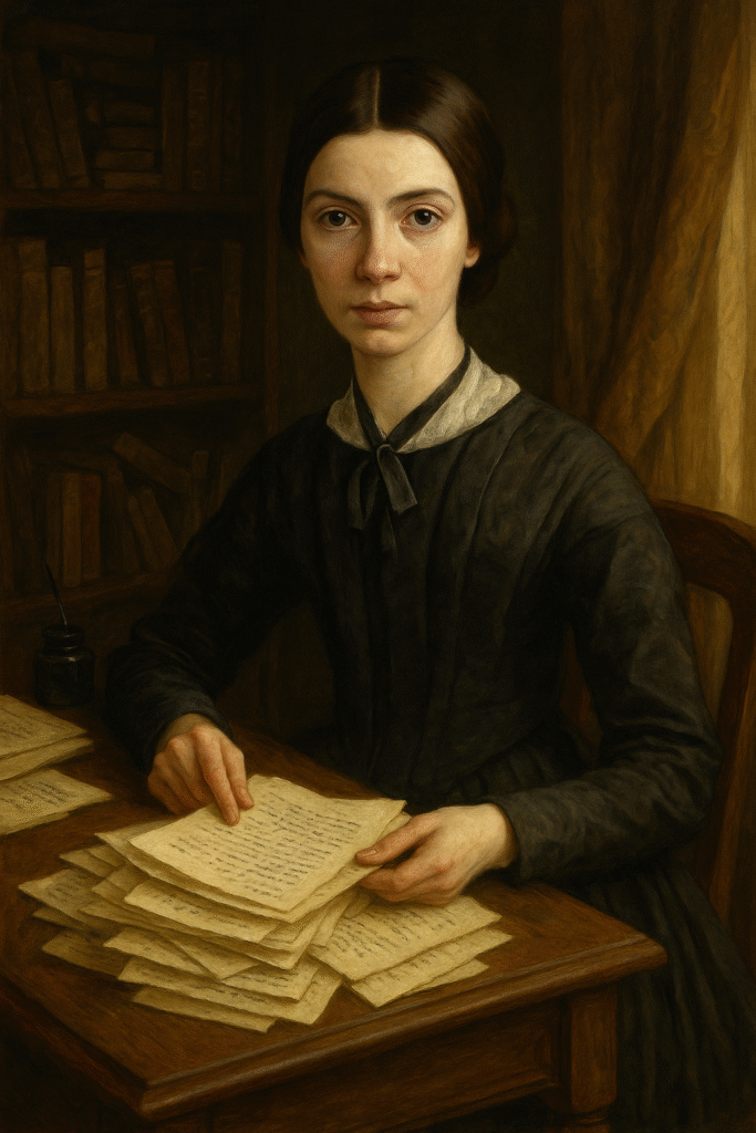 An elegant oil painting of Emily Dickinson writing poetry at her wooden desk in a softly lit 19th-century Amherst room, surrounded by scattered papers, books, and filtered sunlight — symbolizing her secrecy and creative solitude.