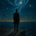 Surreal symbolic oil painting of a solitary figure standing on a cliff at twilight, gazing into an infinite ocean merging with a star-filled cosmic sky.