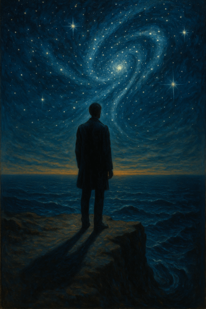 Surreal symbolic oil painting of a solitary figure standing on a cliff at twilight, gazing into an infinite ocean merging with a star-filled cosmic sky.