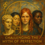 An oil painting blending classical beauty and abstract expression, featuring a human face and sculptures intertwined with golden spirals and geometric patterns, symbolizing the contrast between harmony, imperfection, and individuality.