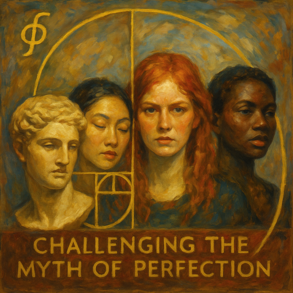 An oil painting blending classical beauty and abstract expression, featuring a human face and sculptures intertwined with golden spirals and geometric patterns, symbolizing the contrast between harmony, imperfection, and individuality.