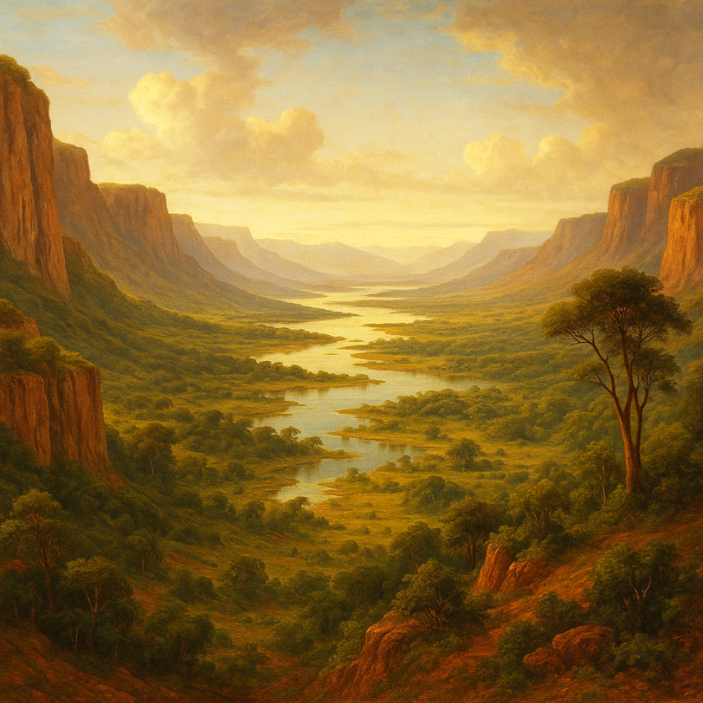 Oil painting of the Great Rift Valley showing towering cliffs, winding rivers, lakes, and diverse landscapes under a dramatic African sky.