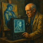 An oil painting depicting an art conservator examining a Picasso painting under soft light, revealing a faint hidden portrait beneath the surface—symbolizing the fusion of art and X-ray science.