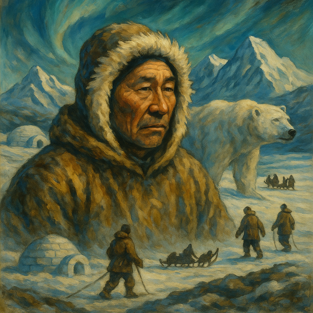 Traditional painting inspired by Inuit culture showing resilience, community, and survival in the Arctic environment.