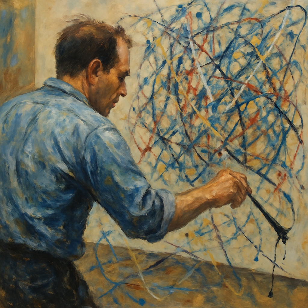 An expressive oil painting inspired by Jackson Pollock’s drip style, featuring cool tones of blue, black, and white, symbolizing emotional healing through abstract creativity.