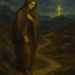 An oil painting of a solitary figure walking through a misty dawn landscape, with soft golden and blue hues symbolizing hope, transformation, and divine illumination, inspired by La Noche Oscura del Alma.