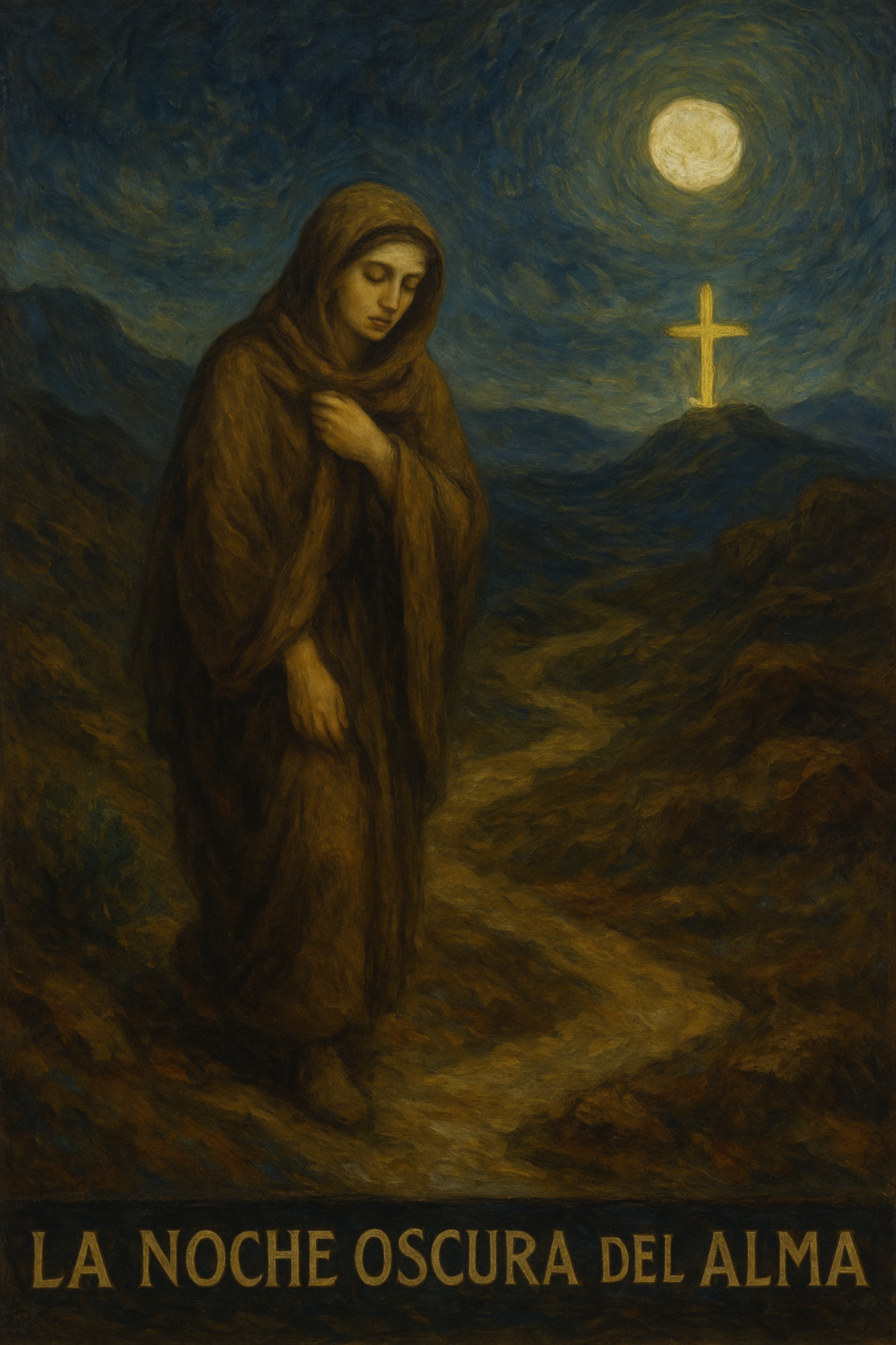 An oil painting of a solitary figure walking through a misty dawn landscape, with soft golden and blue hues symbolizing hope, transformation, and divine illumination, inspired by La Noche Oscura del Alma.