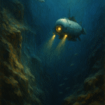 An oil painting-style depiction of a deep-sea explorer descending into the Mariana Trench, surrounded by mysterious marine life illuminated by submersible lights.