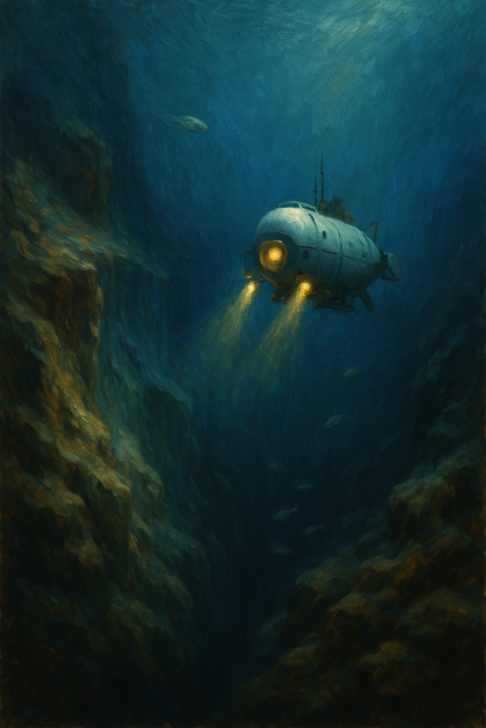 An oil painting-style depiction of a deep-sea explorer descending into the Mariana Trench, surrounded by mysterious marine life illuminated by submersible lights.