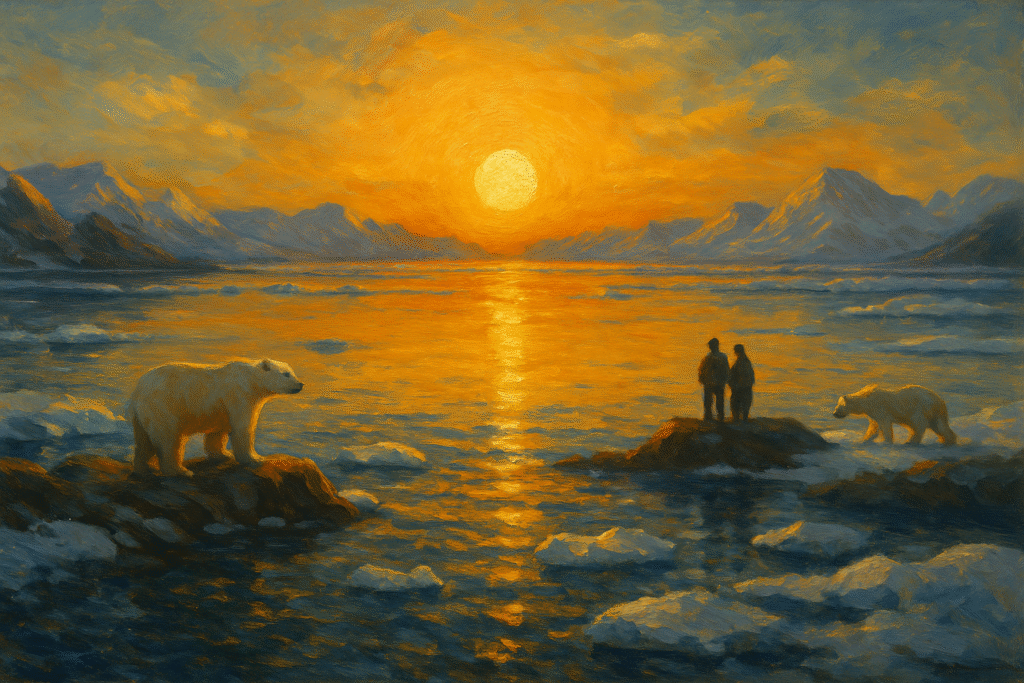 Oil painting of the Arctic midnight sun glowing over icy waters with golden reflections, humans in the distance and wildlife peacefully sharing the shoreline.