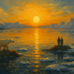 Oil painting of the Arctic midnight sun glowing over icy waters with golden reflections, humans in the distance and wildlife peacefully sharing the shoreline.
